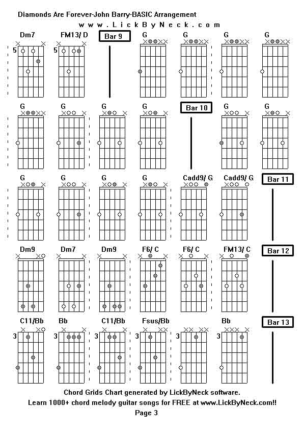 Chord Grids Chart of chord melody fingerstyle guitar song-Diamonds Are Forever-John Barry-BASIC Arrangement,generated by LickByNeck software.